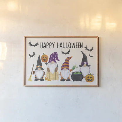 Halloween Gnomes I by Mary Urban. shown as a paper print in a natural frame. Available as a archival giclee rolled canvas, fine art paper, or poster print. SKU 76302i.
