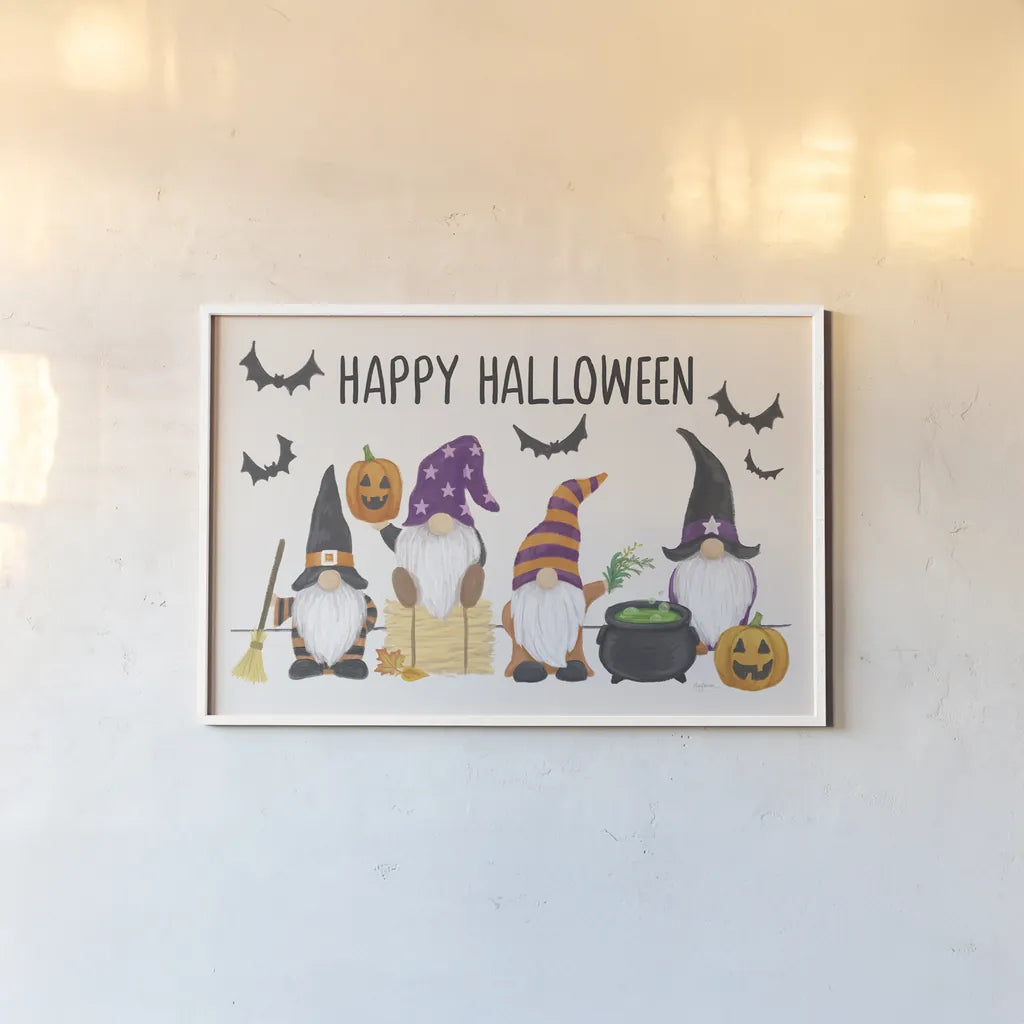 Halloween Gnomes I by Mary Urban. shown as a paper print in a white frame. Available as a archival giclee rolled canvas, fine art paper, or poster print. SKU 76302i.