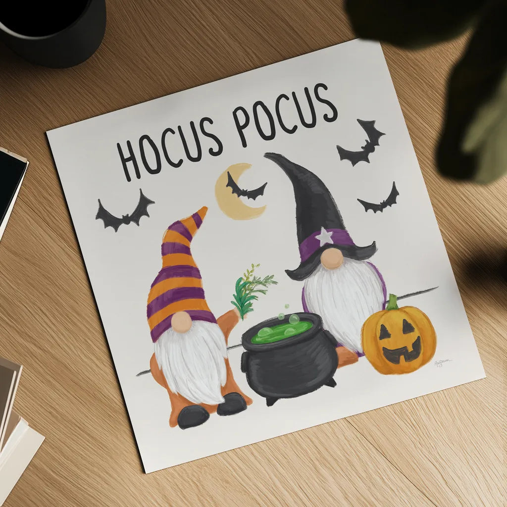 Halloween Gnomes II by Mary Urban. Shown as a detailed flat fine art print, highlighting archival giclee quality. Available as an archival giclee rolled canvas, fine art paper, or poster print. SKU 76303a.