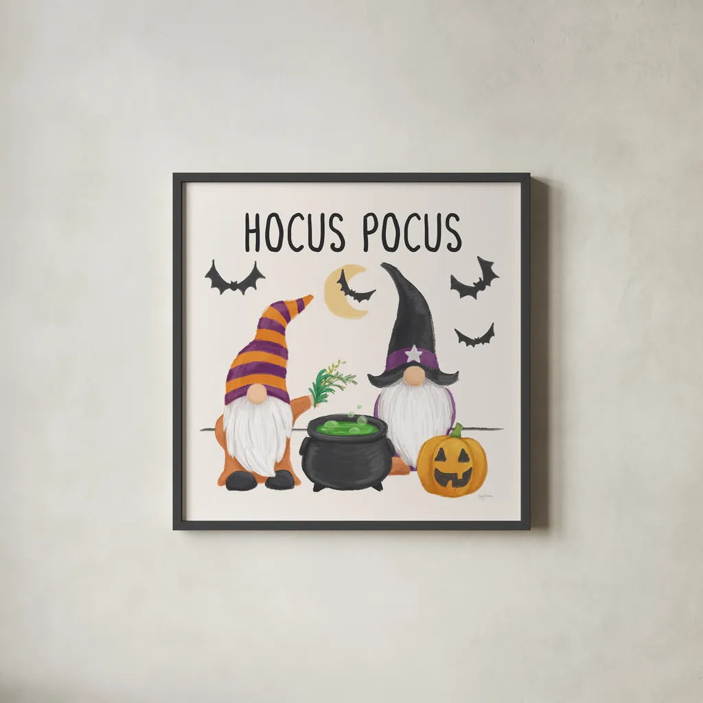 Halloween Gnomes II by Mary Urban. Shown in a sleek black glass frame for a contemporary gallery look. Available as an archival giclee rolled canvas, fine art paper, or poster print. SKU 76303a.