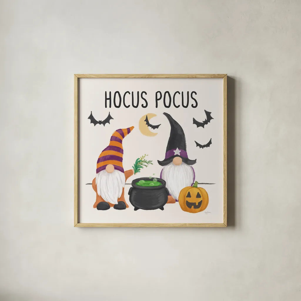 Halloween Gnomes II by Mary Urban. Shown in a natural wood glass frame for a timeless modern aesthetic. Available as an archival giclee rolled canvas, fine art paper, or poster print. SKU 76303a.