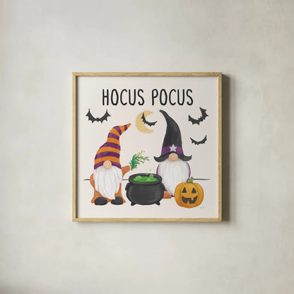 Halloween Gnomes II by Mary Urban. Shown in a natural wood glass frame for a timeless modern aesthetic. Available as an archival giclee rolled canvas, fine art paper, or poster print. SKU 76303a.