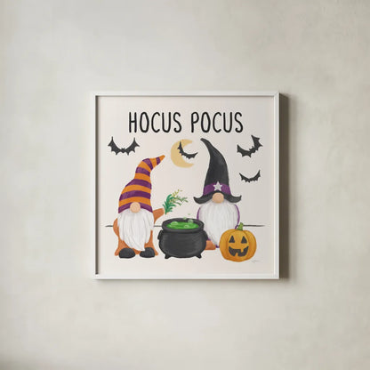 Halloween Gnomes II by Mary Urban. Shown in a crisp white glass frame for a clean and minimalist style. Available as an archival giclee rolled canvas, fine art paper, or poster print. SKU 76303a.