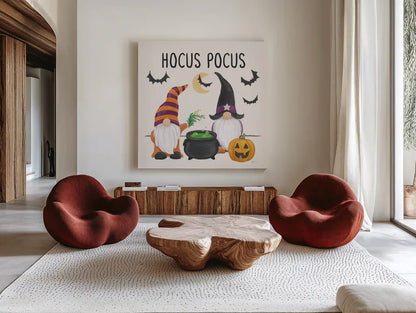 Halloween Gnomes II by Mary Urban. Shown as extra-large giant wall art in a modern living room. Available as an archival giclee rolled canvas, fine art paper, or poster print. SKU 76303a.