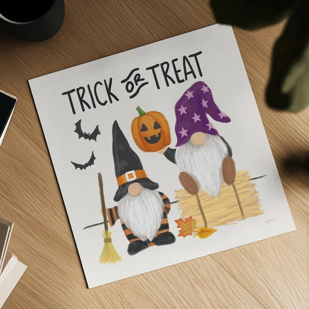 Halloween Gnomes III by Mary Urban. Shown as a detailed flat fine art print, highlighting archival giclee quality. Available as an archival giclee rolled canvas, fine art paper, or poster print. SKU 76304a.