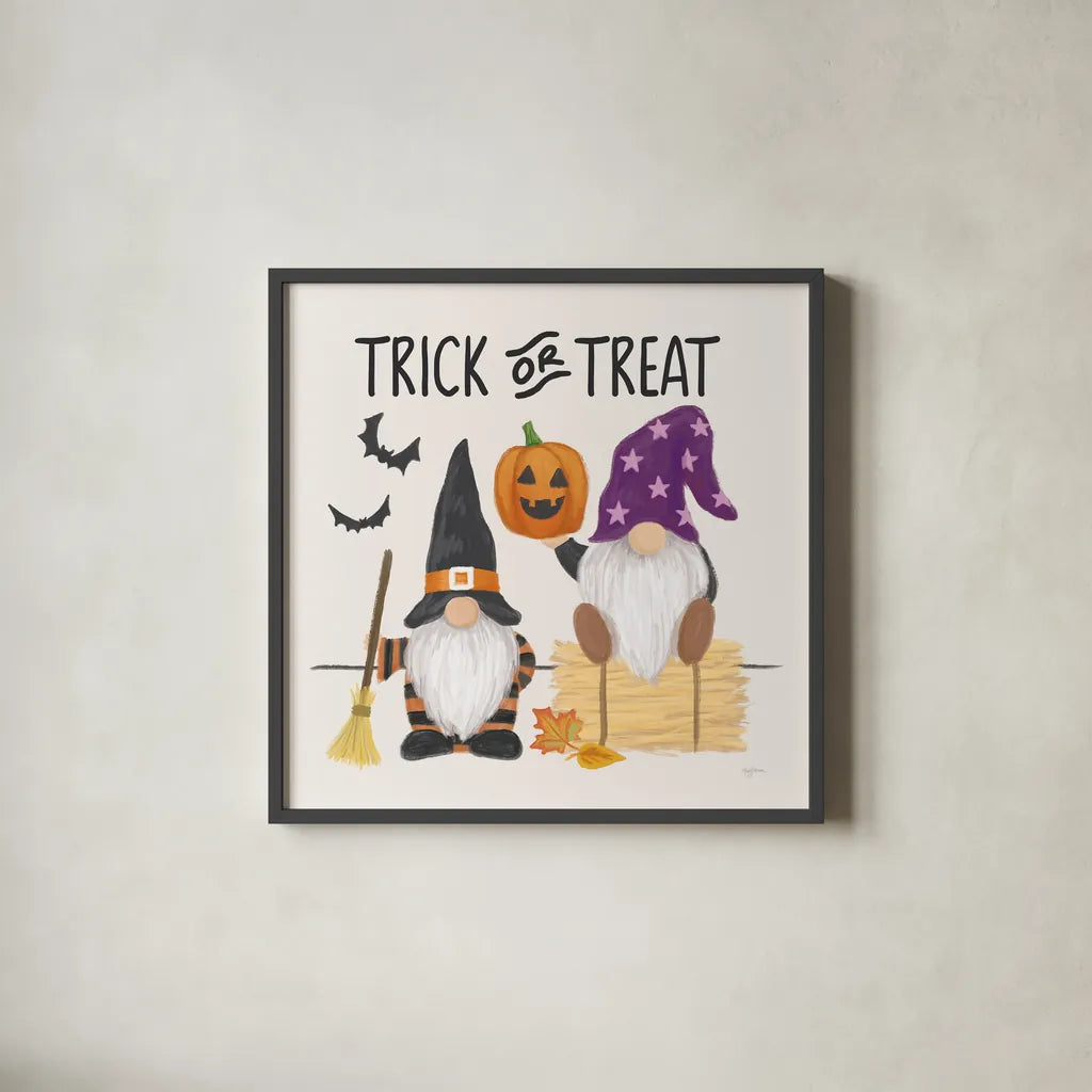 Halloween Gnomes III by Mary Urban. Shown in a sleek black glass frame for a contemporary gallery look. Available as an archival giclee rolled canvas, fine art paper, or poster print. SKU 76304a.
