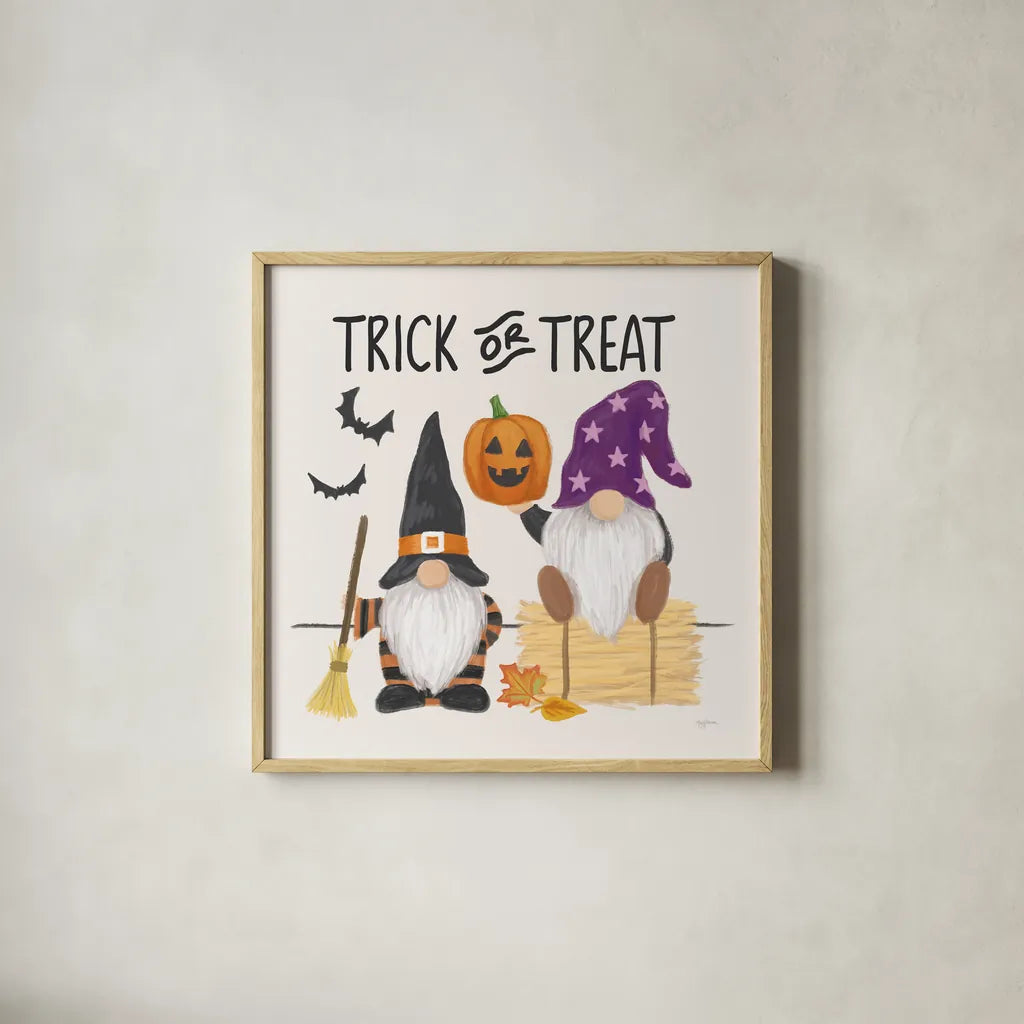 Halloween Gnomes III by Mary Urban. Shown in a natural wood glass frame for a timeless modern aesthetic. Available as an archival giclee rolled canvas, fine art paper, or poster print. SKU 76304a.