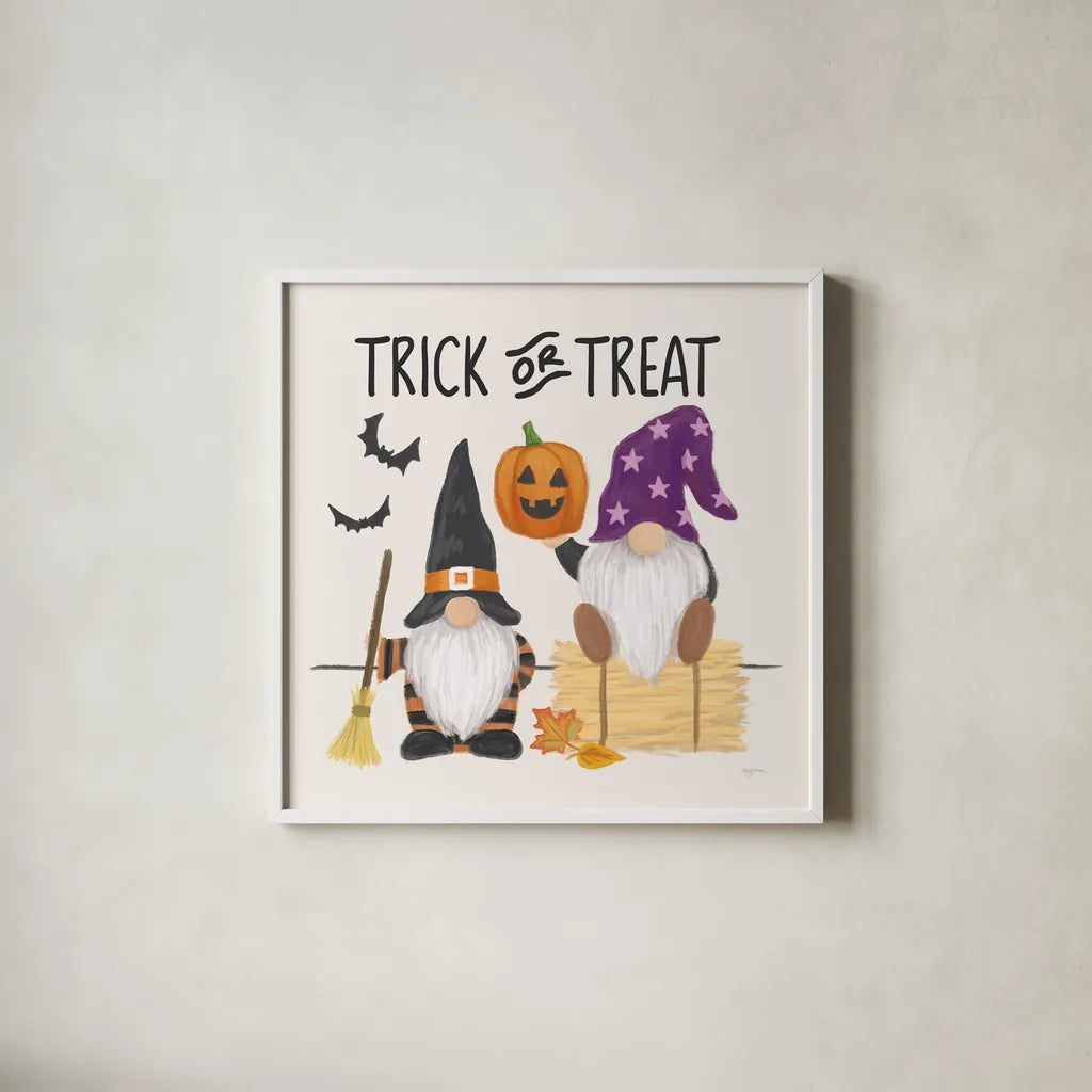 Halloween Gnomes III by Mary Urban. Shown in a crisp white glass frame for a clean and minimalist style. Available as an archival giclee rolled canvas, fine art paper, or poster print. SKU 76304a.