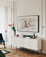 Happy Pawliday I by Mary Urban. shown as a framed stretched canvas in a living room above a console. Available as a archival giclee rolled canvas, fine art paper, or poster print. SKU 86715i.