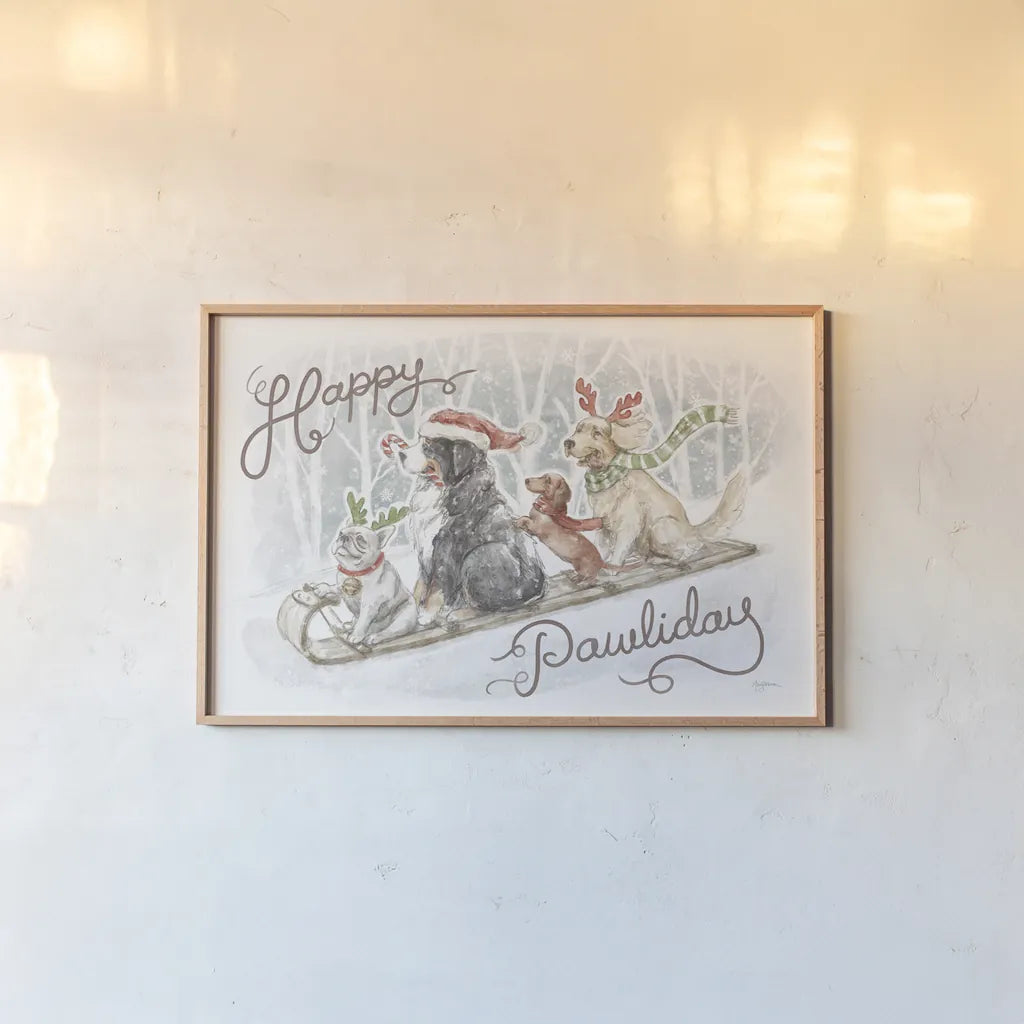 Happy Pawliday I by Mary Urban. shown as a paper print in a natural frame. Available as a archival giclee rolled canvas, fine art paper, or poster print. SKU 86715i.