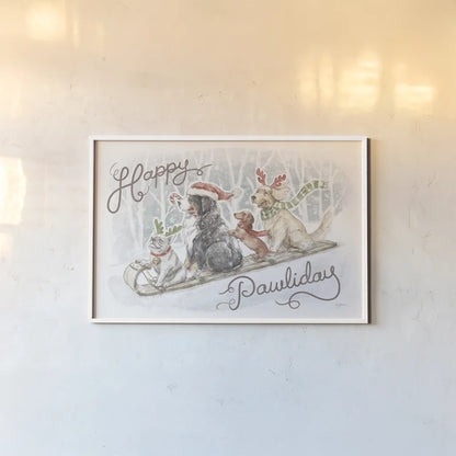 Happy Pawliday I by Mary Urban. shown as a paper print in a white frame. Available as a archival giclee rolled canvas, fine art paper, or poster print. SKU 86715i.