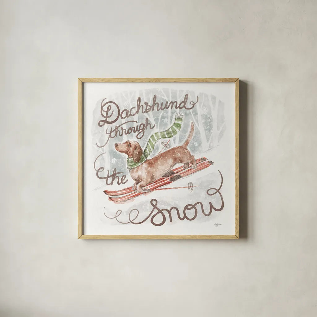 Happy Pawliday II by Mary Urban. Shown in a natural wood glass frame for a timeless modern aesthetic. Available as an archival giclee rolled canvas, fine art paper, or poster print. SKU 86716a.