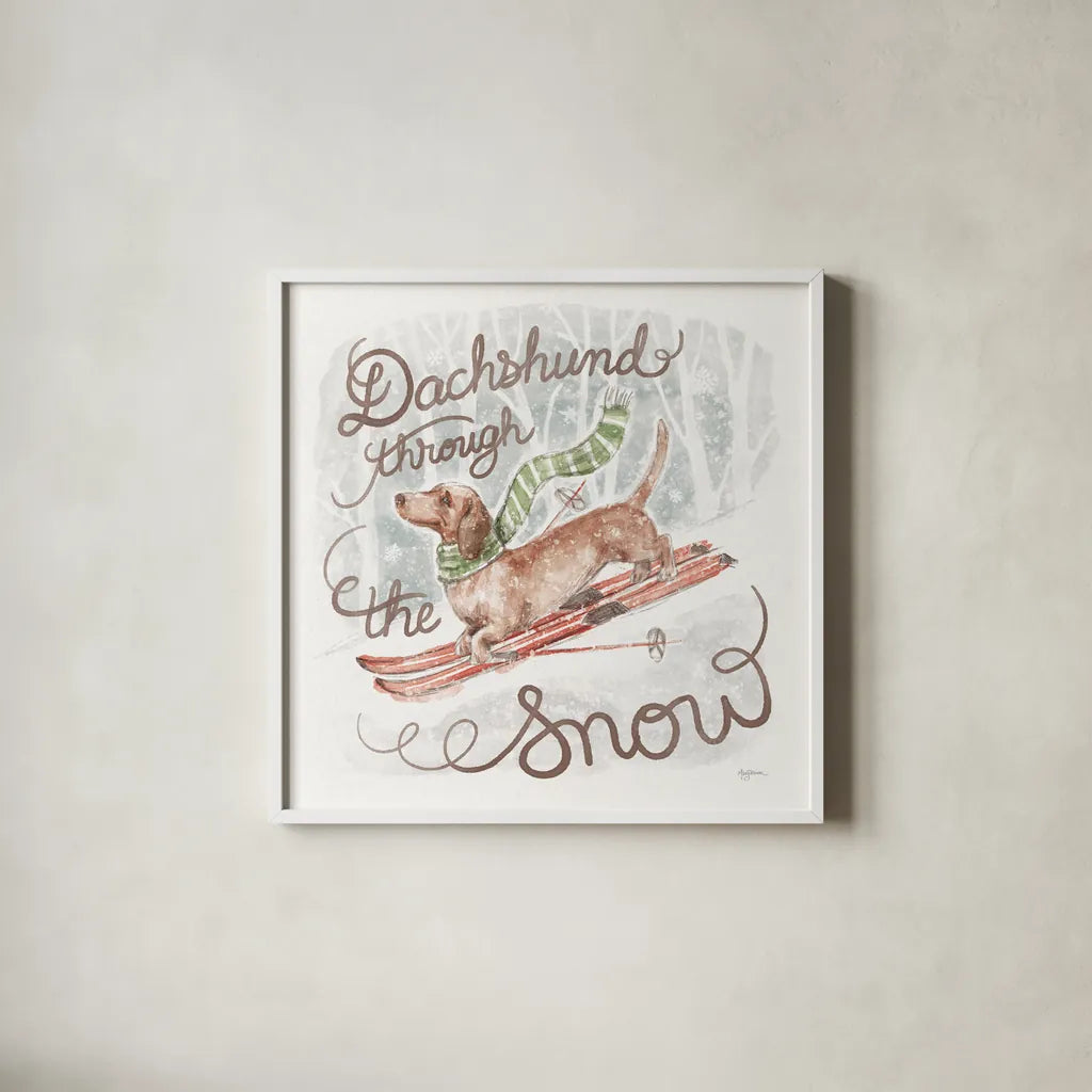 Happy Pawliday II by Mary Urban. Shown in a crisp white glass frame for a clean and minimalist style. Available as an archival giclee rolled canvas, fine art paper, or poster print. SKU 86716a.