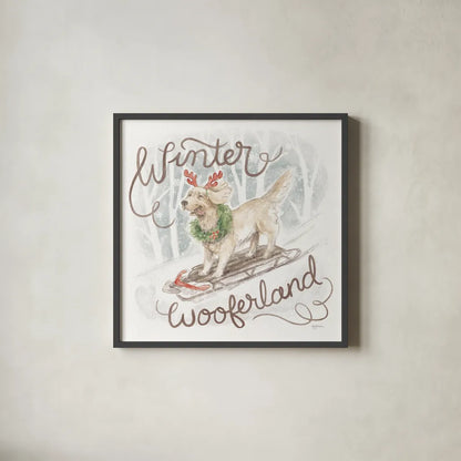 Happy Pawliday III by Mary Urban. Shown in a sleek black glass frame for a contemporary gallery look. Available as an archival giclee rolled canvas, fine art paper, or poster print. SKU 86717a.