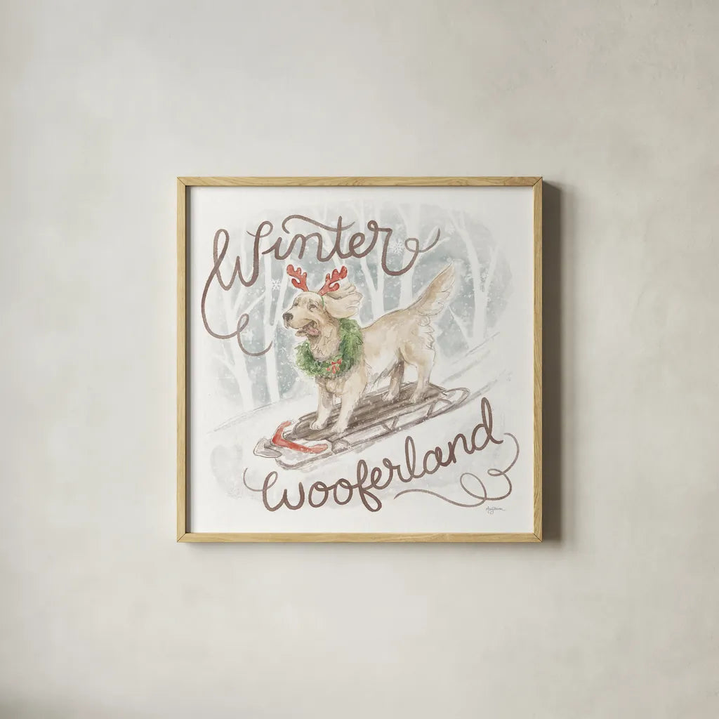 Happy Pawliday III by Mary Urban. Shown in a natural wood glass frame for a timeless modern aesthetic. Available as an archival giclee rolled canvas, fine art paper, or poster print. SKU 86717a.