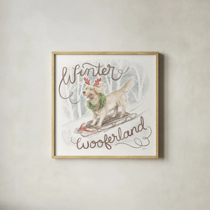 Happy Pawliday III by Mary Urban. Shown in a natural wood glass frame for a timeless modern aesthetic. Available as an archival giclee rolled canvas, fine art paper, or poster print. SKU 86717a.