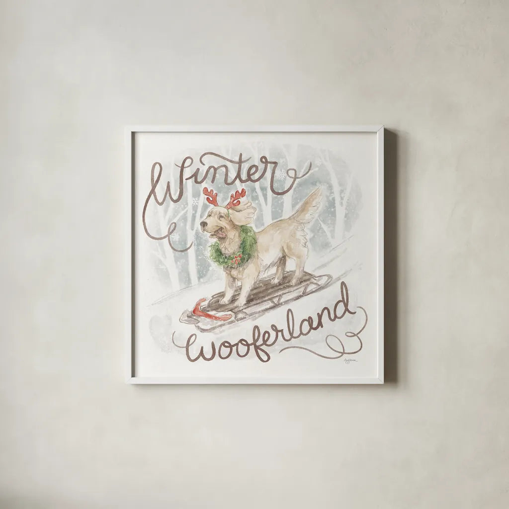 Happy Pawliday III by Mary Urban. Shown in a crisp white glass frame for a clean and minimalist style. Available as an archival giclee rolled canvas, fine art paper, or poster print. SKU 86717a.