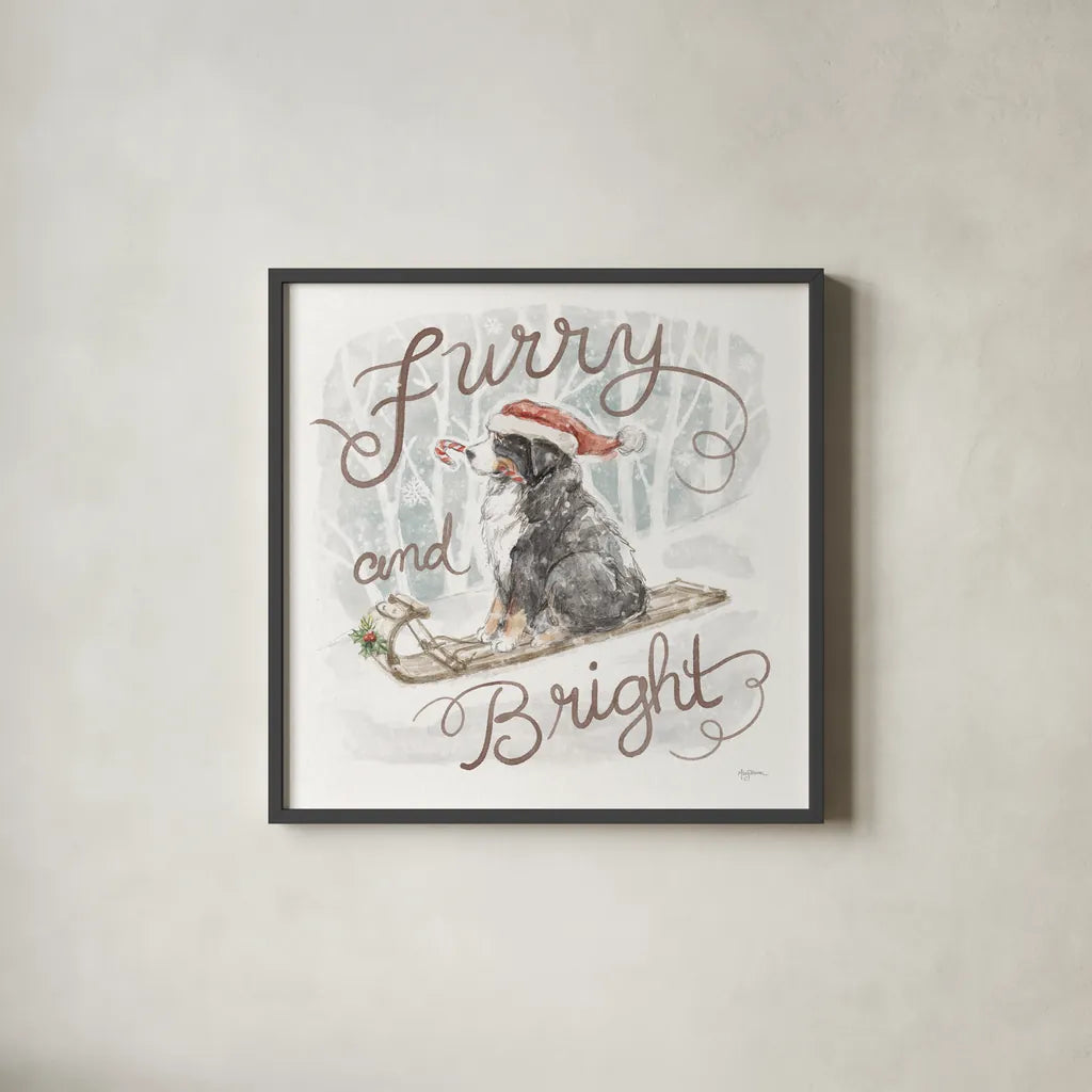 Happy Pawliday IV by Mary Urban. Shown in a sleek black glass frame for a contemporary gallery look. Available as an archival giclee rolled canvas, fine art paper, or poster print. SKU 86718a.