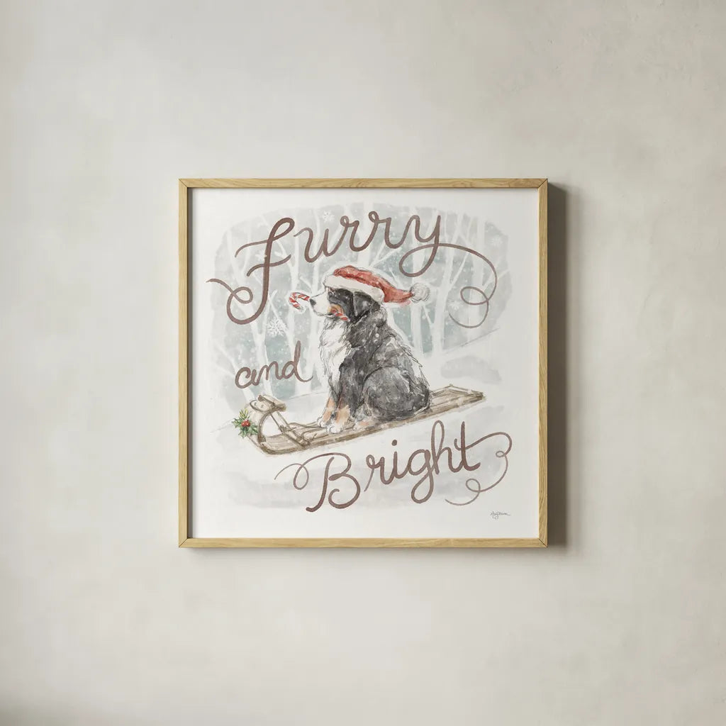 Happy Pawliday IV by Mary Urban. Shown in a natural wood glass frame for a timeless modern aesthetic. Available as an archival giclee rolled canvas, fine art paper, or poster print. SKU 86718a.
