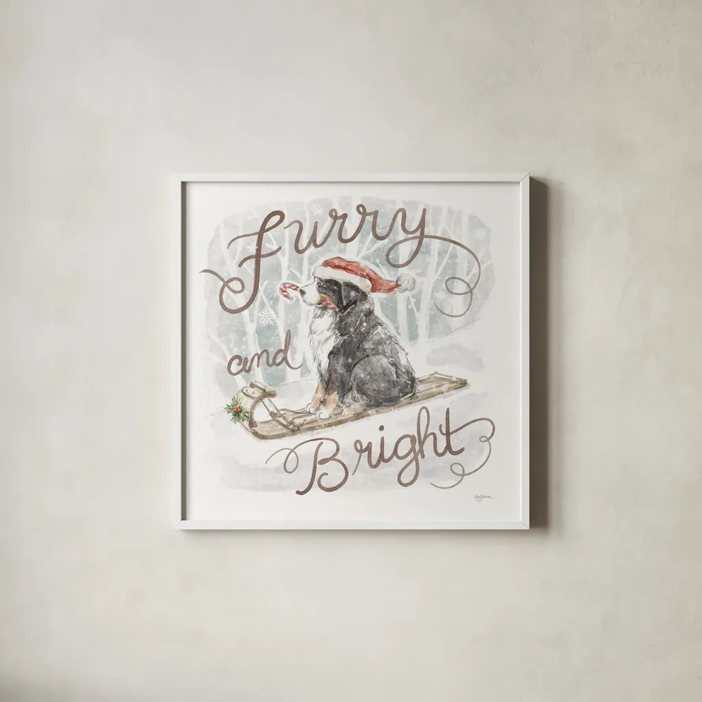 Happy Pawliday IV by Mary Urban. Shown in a crisp white glass frame for a clean and minimalist style. Available as an archival giclee rolled canvas, fine art paper, or poster print. SKU 86718a.