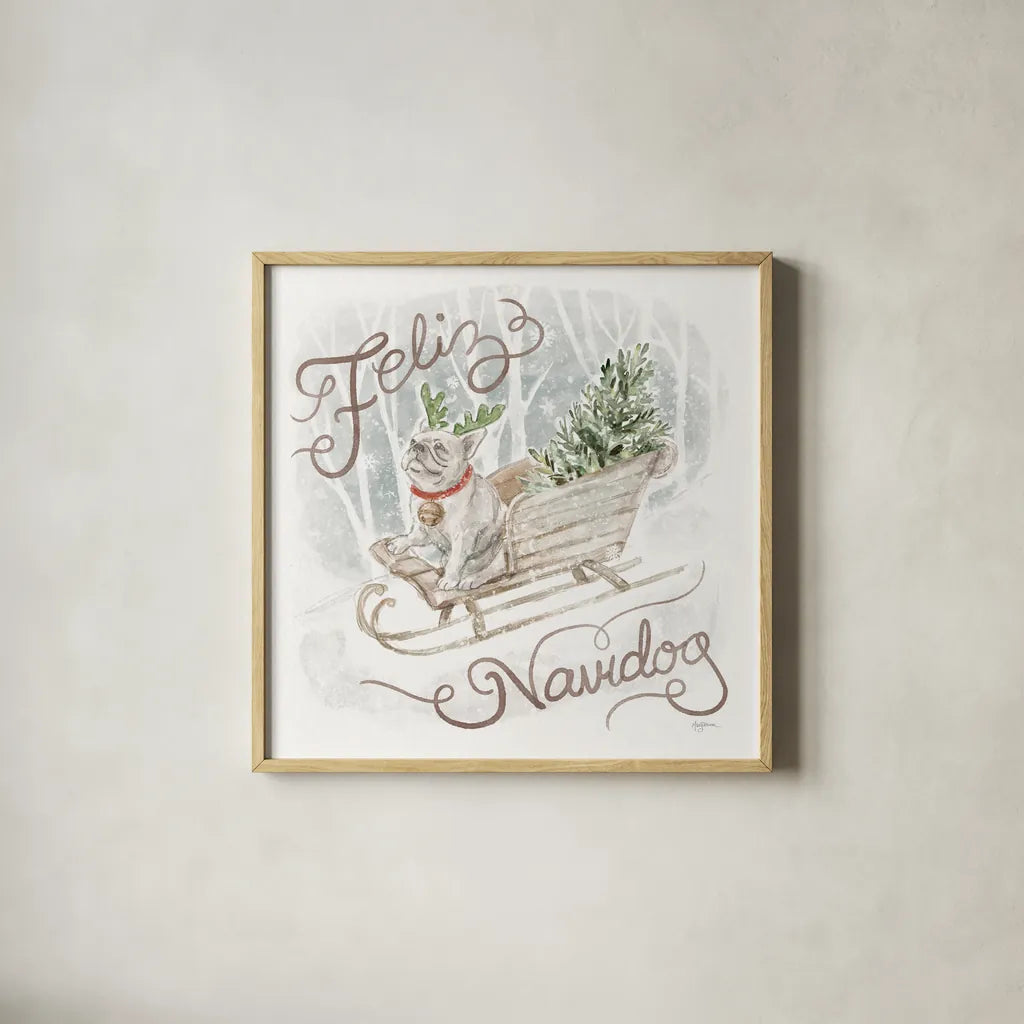 Happy Pawliday V by Mary Urban. Shown in a natural wood glass frame for a timeless modern aesthetic. Available as an archival giclee rolled canvas, fine art paper, or poster print. SKU 86719a.