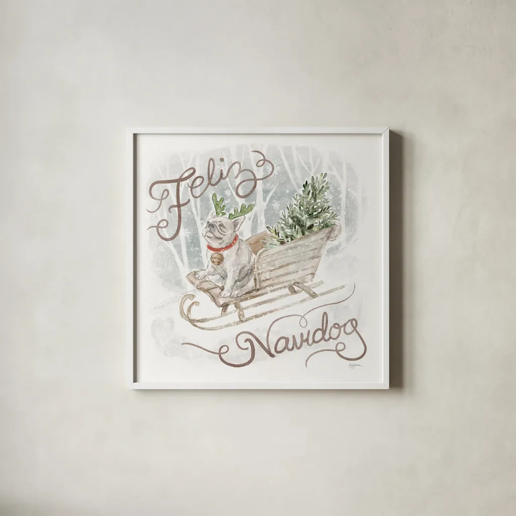 Happy Pawliday V by Mary Urban. Shown in a crisp white glass frame for a clean and minimalist style. Available as an archival giclee rolled canvas, fine art paper, or poster print. SKU 86719a.