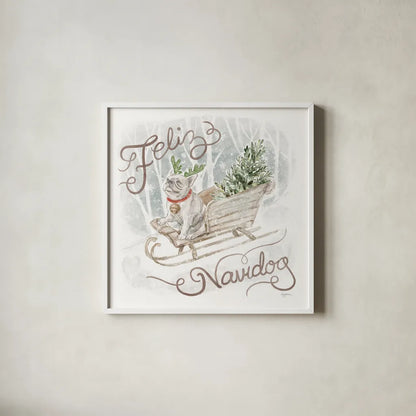 Happy Pawliday V by Mary Urban. Shown in a crisp white glass frame for a clean and minimalist style. Available as an archival giclee rolled canvas, fine art paper, or poster print. SKU 86719a.