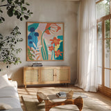 Happy Place by Mary Urban. Shown in a natural wood frame in a cozy modern living room. Available as an archival giclee rolled canvas, fine art paper, or poster print. SKU 37226a.