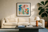 Happy Place by Mary Urban. Displayed in a glass frame with matte in a clean modern living room. Available as an archival giclee rolled canvas, fine art paper, or poster print. SKU 37226a.