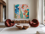 Happy Place by Mary Urban. Shown as extra-large giant wall art in a modern living room. Available as an archival giclee rolled canvas, fine art paper, or poster print. SKU 37226a.