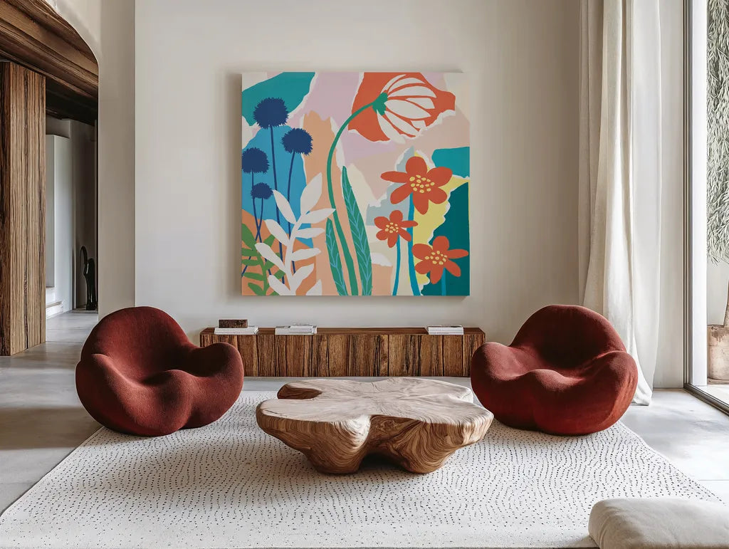 Happy Place by Mary Urban. Shown as extra-large giant wall art in a modern living room. Available as an archival giclee rolled canvas, fine art paper, or poster print. SKU 37226a.