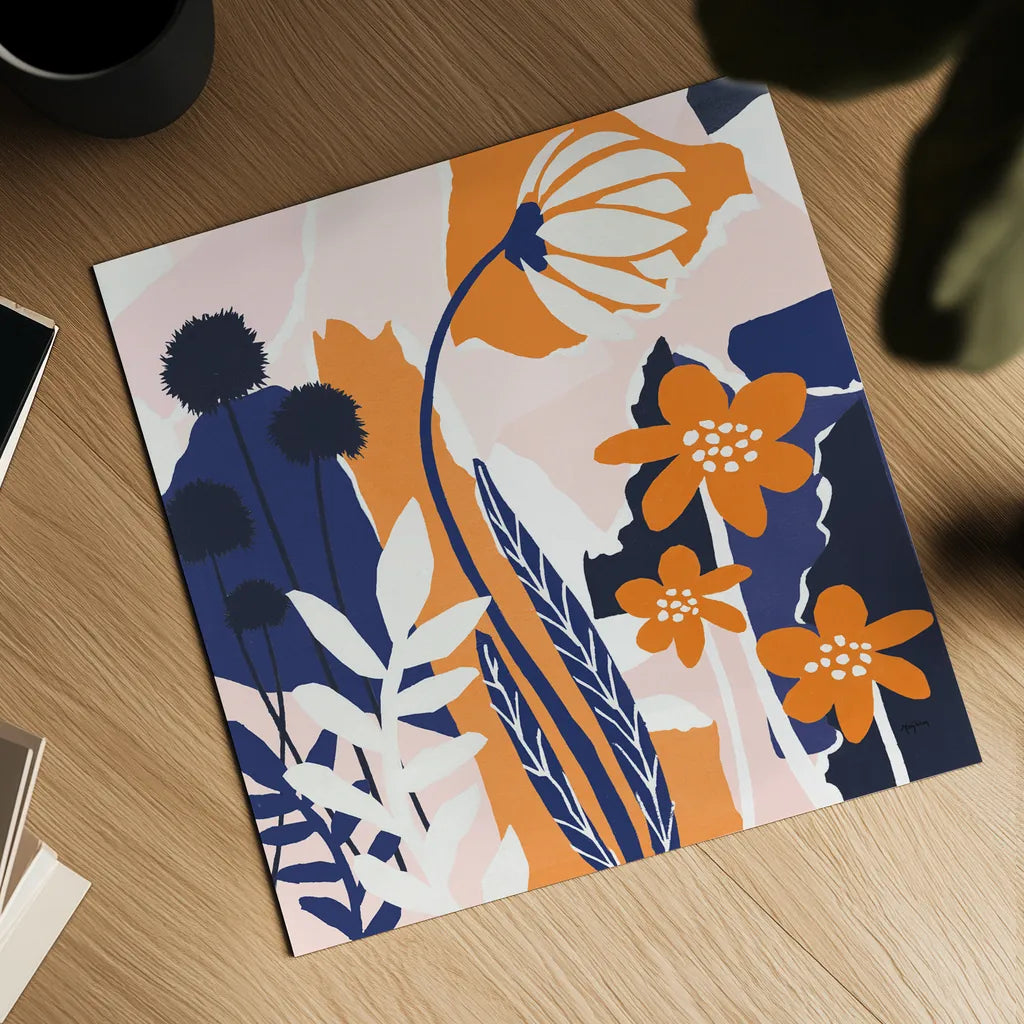 Happy Place Blue by Mary Urban. Shown as a detailed flat fine art print, highlighting archival giclee quality. Available as an archival giclee rolled canvas, fine art paper, or poster print. SKU 53678a.