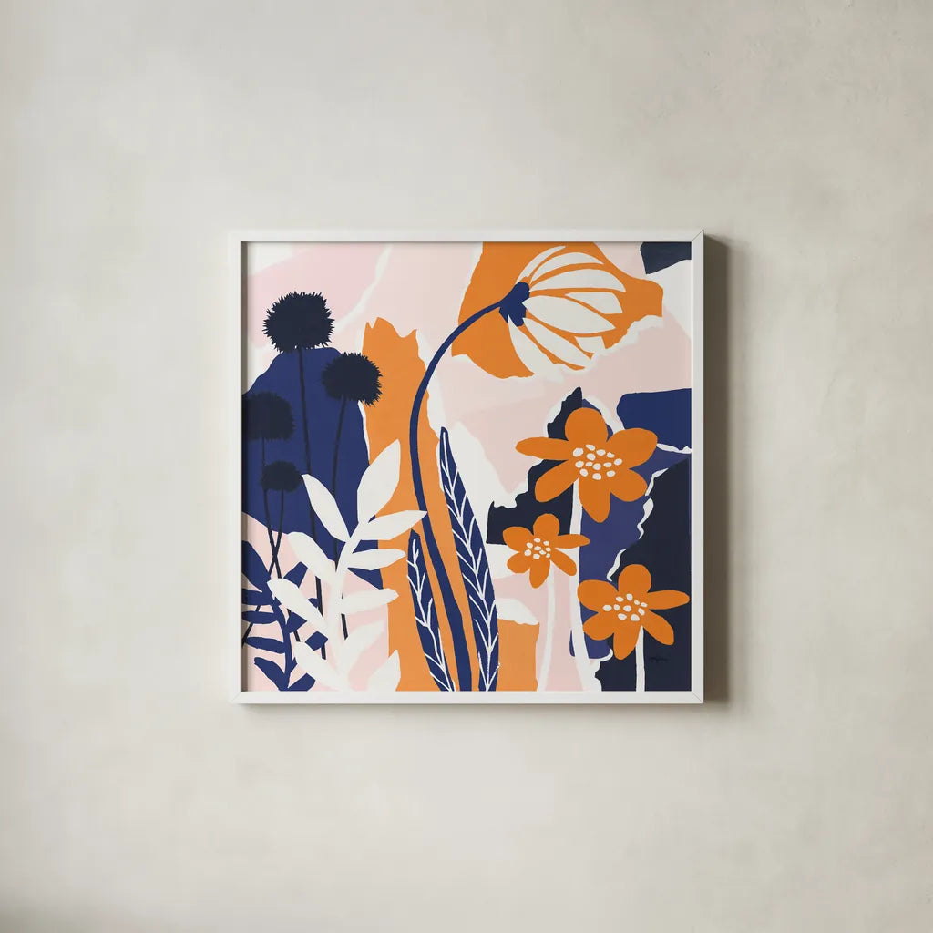 Happy Place Blue by Mary Urban. Shown in a crisp white glass frame for a clean and minimalist style. Available as an archival giclee rolled canvas, fine art paper, or poster print. SKU 53678a.