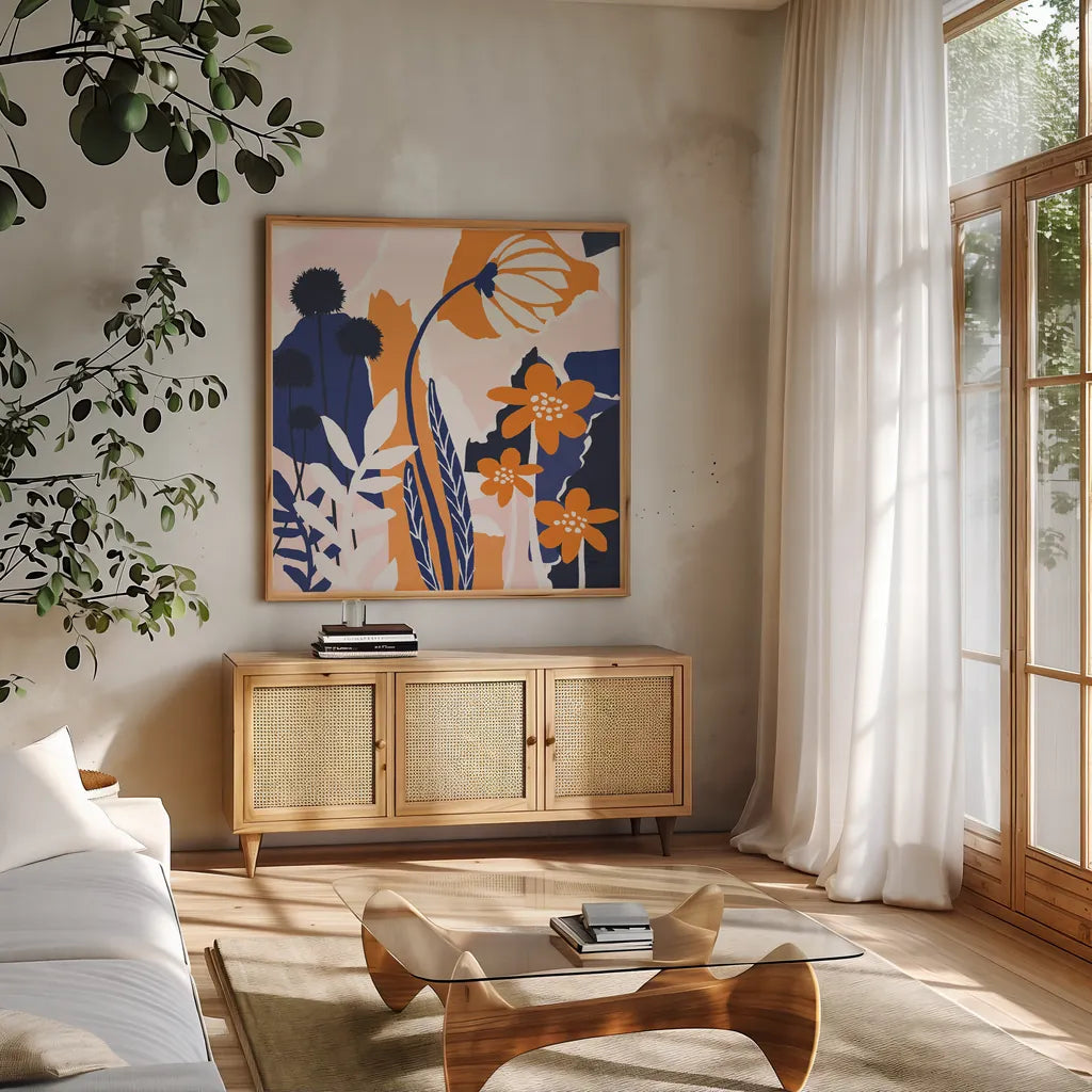 Happy Place Blue by Mary Urban. Shown in a natural wood frame in a cozy modern living room. Available as an archival giclee rolled canvas, fine art paper, or poster print. SKU 53678a.