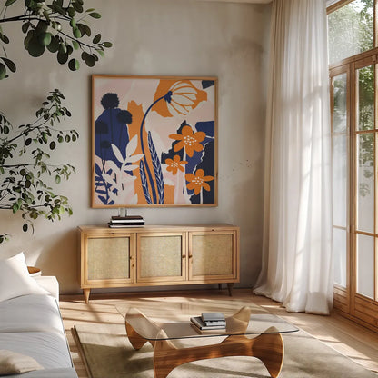 Happy Place Blue by Mary Urban. Shown in a natural wood frame in a cozy modern living room. Available as an archival giclee rolled canvas, fine art paper, or poster print. SKU 53678a.