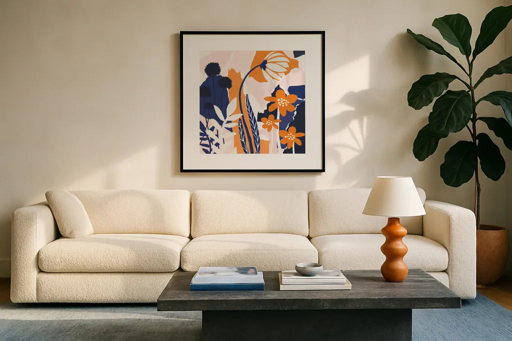Happy Place Blue by Mary Urban. Displayed in a glass frame with matte in a clean modern living room. Available as an archival giclee rolled canvas, fine art paper, or poster print. SKU 53678a.