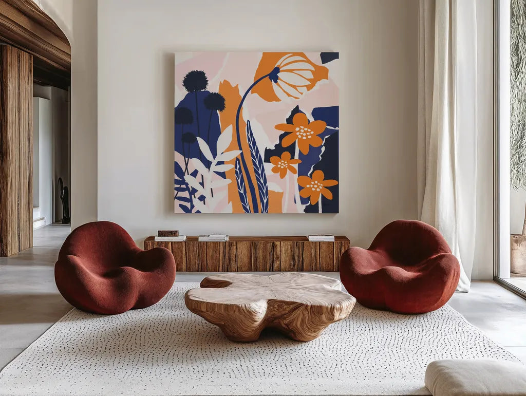 Happy Place Blue by Mary Urban. Shown as extra-large giant wall art in a modern living room. Available as an archival giclee rolled canvas, fine art paper, or poster print. SKU 53678a.