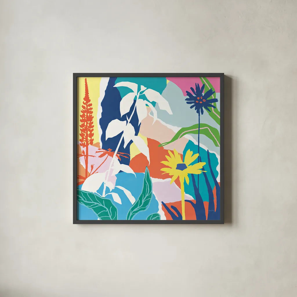 Happy Place II by Mary Urban. Shown in a sleek black glass frame for a contemporary gallery look. Available as an archival giclee rolled canvas, fine art paper, or poster print. SKU 41080a.