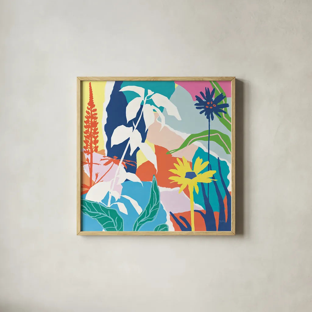 Happy Place II by Mary Urban. Shown in a natural wood glass frame for a timeless modern aesthetic. Available as an archival giclee rolled canvas, fine art paper, or poster print. SKU 41080a.