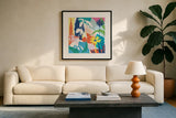 Happy Place II by Mary Urban. Displayed in a glass frame with matte in a clean modern living room. Available as an archival giclee rolled canvas, fine art paper, or poster print. SKU 41080a.