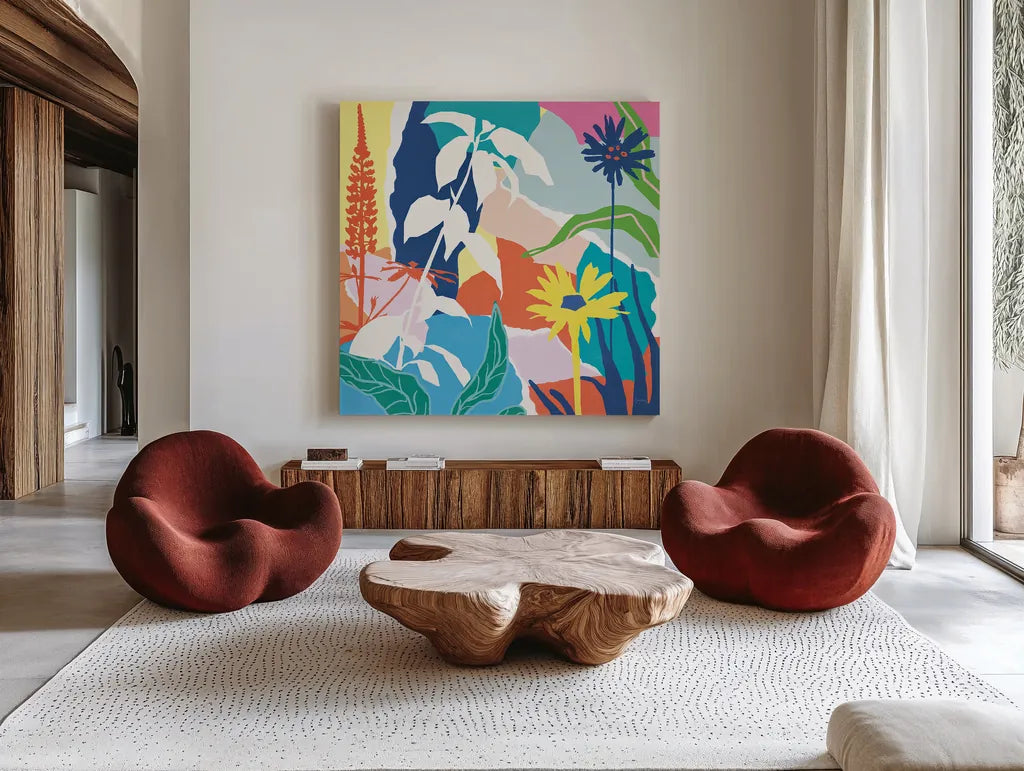 Happy Place II by Mary Urban. Shown as extra-large giant wall art in a modern living room. Available as an archival giclee rolled canvas, fine art paper, or poster print. SKU 41080a.