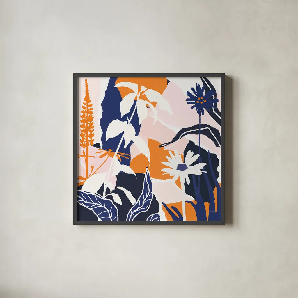 Happy Place II Blue by Mary Urban. Shown in a sleek black glass frame for a contemporary gallery look. Available as an archival giclee rolled canvas, fine art paper, or poster print. SKU 53679a.