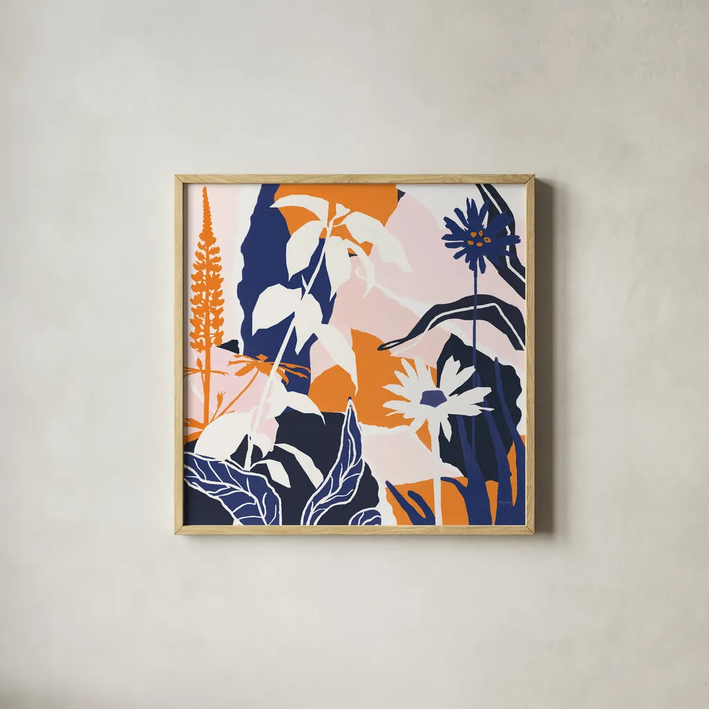 Happy Place II Blue by Mary Urban. Shown in a natural wood glass frame for a timeless modern aesthetic. Available as an archival giclee rolled canvas, fine art paper, or poster print. SKU 53679a.