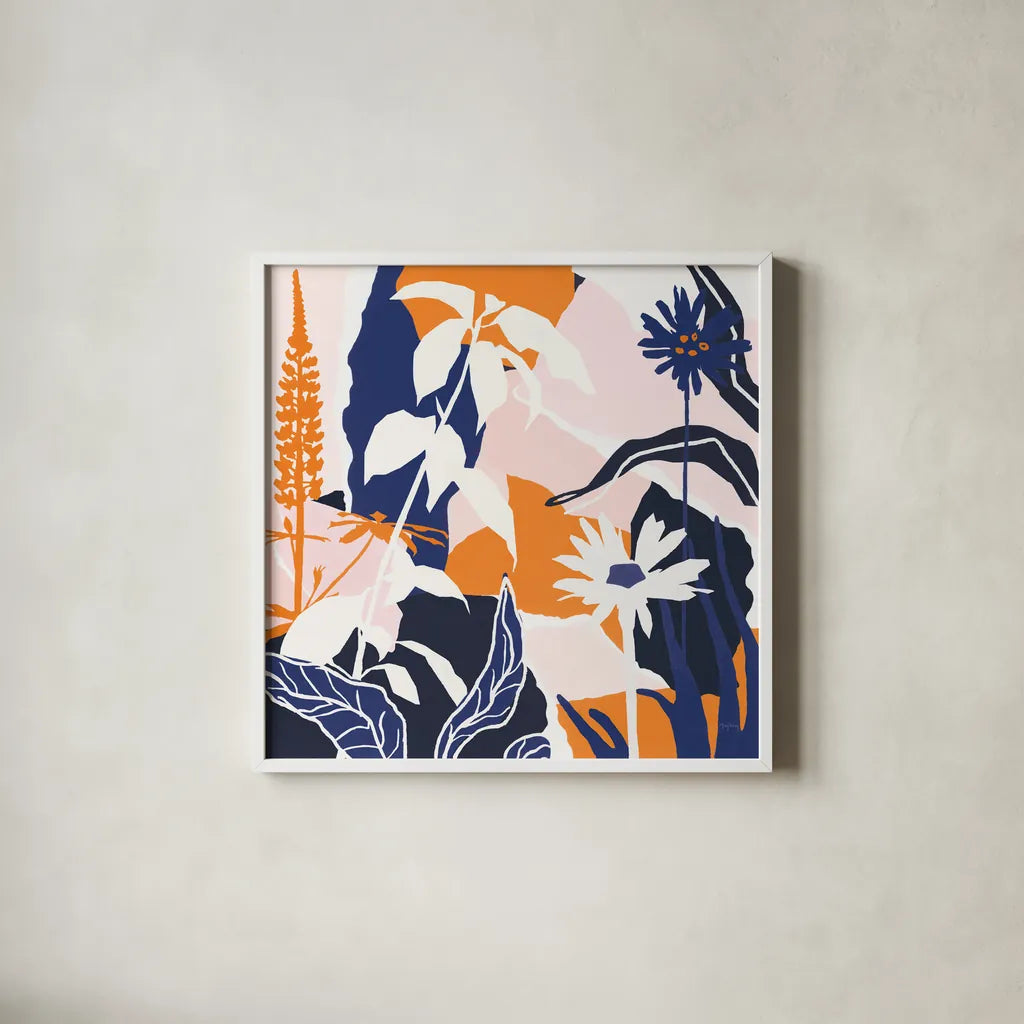 Happy Place II Blue by Mary Urban. Shown in a crisp white glass frame for a clean and minimalist style. Available as an archival giclee rolled canvas, fine art paper, or poster print. SKU 53679a.