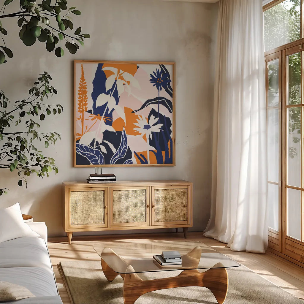 Happy Place II Blue by Mary Urban. Shown in a natural wood frame in a cozy modern living room. Available as an archival giclee rolled canvas, fine art paper, or poster print. SKU 53679a.