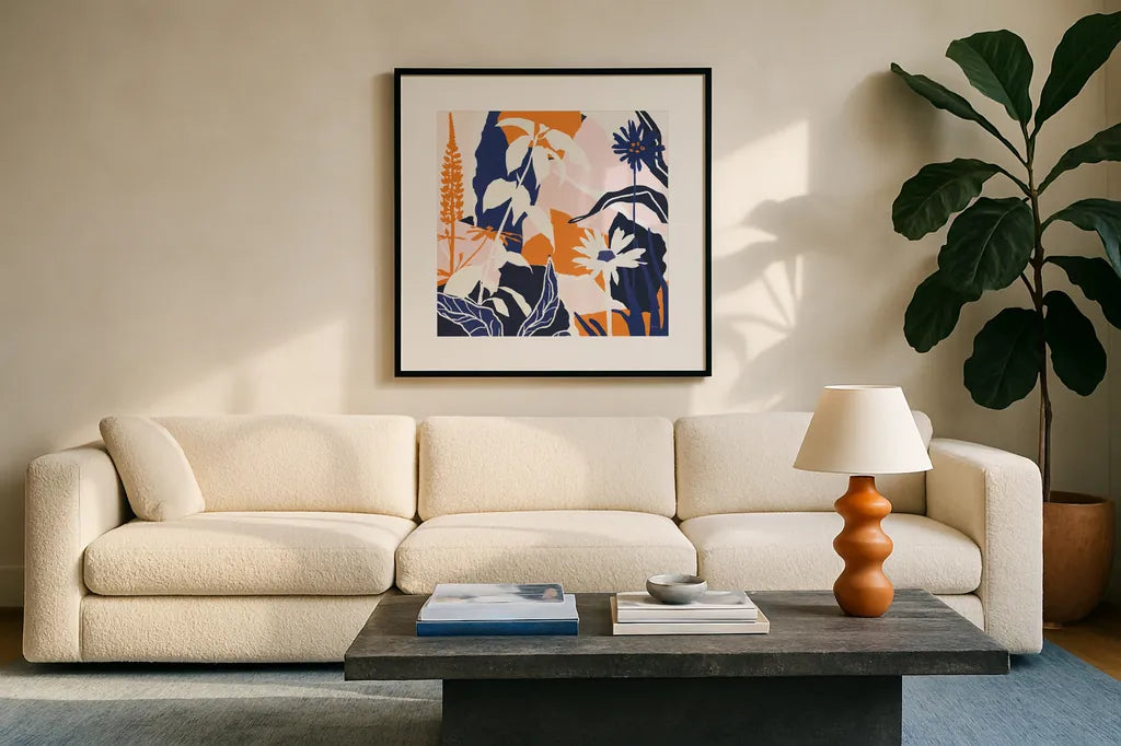 Happy Place II Blue by Mary Urban. Displayed in a glass frame with matte in a clean modern living room. Available as an archival giclee rolled canvas, fine art paper, or poster print. SKU 53679a.