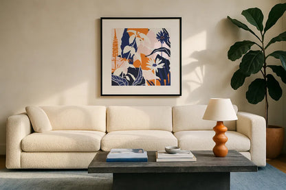 Happy Place II Blue by Mary Urban. Displayed in a glass frame with matte in a clean modern living room. Available as an archival giclee rolled canvas, fine art paper, or poster print. SKU 53679a.