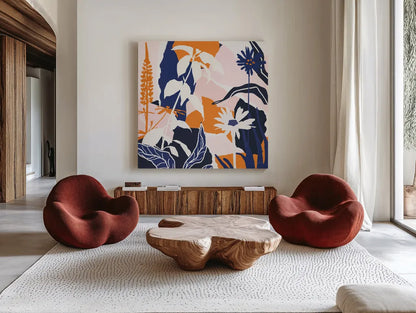Happy Place II Blue by Mary Urban. Shown as extra-large giant wall art in a modern living room. Available as an archival giclee rolled canvas, fine art paper, or poster print. SKU 53679a.