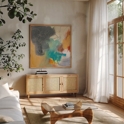 Hardy II by Mary Urban. Shown in a natural wood frame in a cozy modern living room. Available as an archival giclee rolled canvas, fine art paper, or poster print. SKU 75026a.