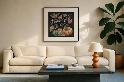 Harvest Chalk IV by Mary Urban. Displayed in a glass frame with matte in a clean modern living room. Available as an archival giclee rolled canvas, fine art paper, or poster print. SKU 55877a.
